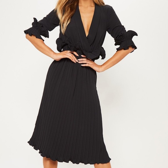 PRETTYLITTLETHING NWT black frill midi dress - Picture 1 of 5